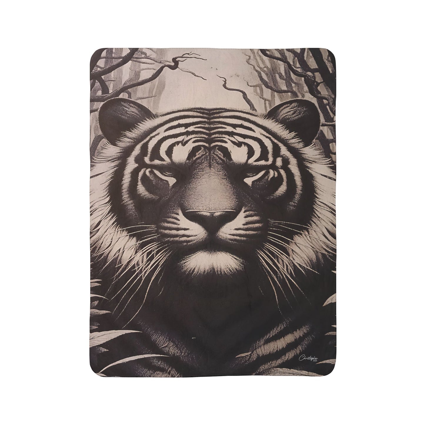 Laser Engraved Original Art Tiger Fleece Sherpa Blanket | Cozy Wildlife Throw for Animal Lovers, Home Decor, Gifts for Nature Enthusiasts, Indoor Comfort