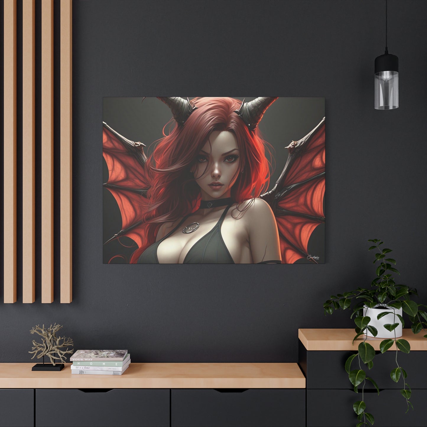 Gothic Fantasy Canvas Art, Demon Girl Wall Decor, Unique Home Decor, Gift for Her, Halloween or Birthday Gift