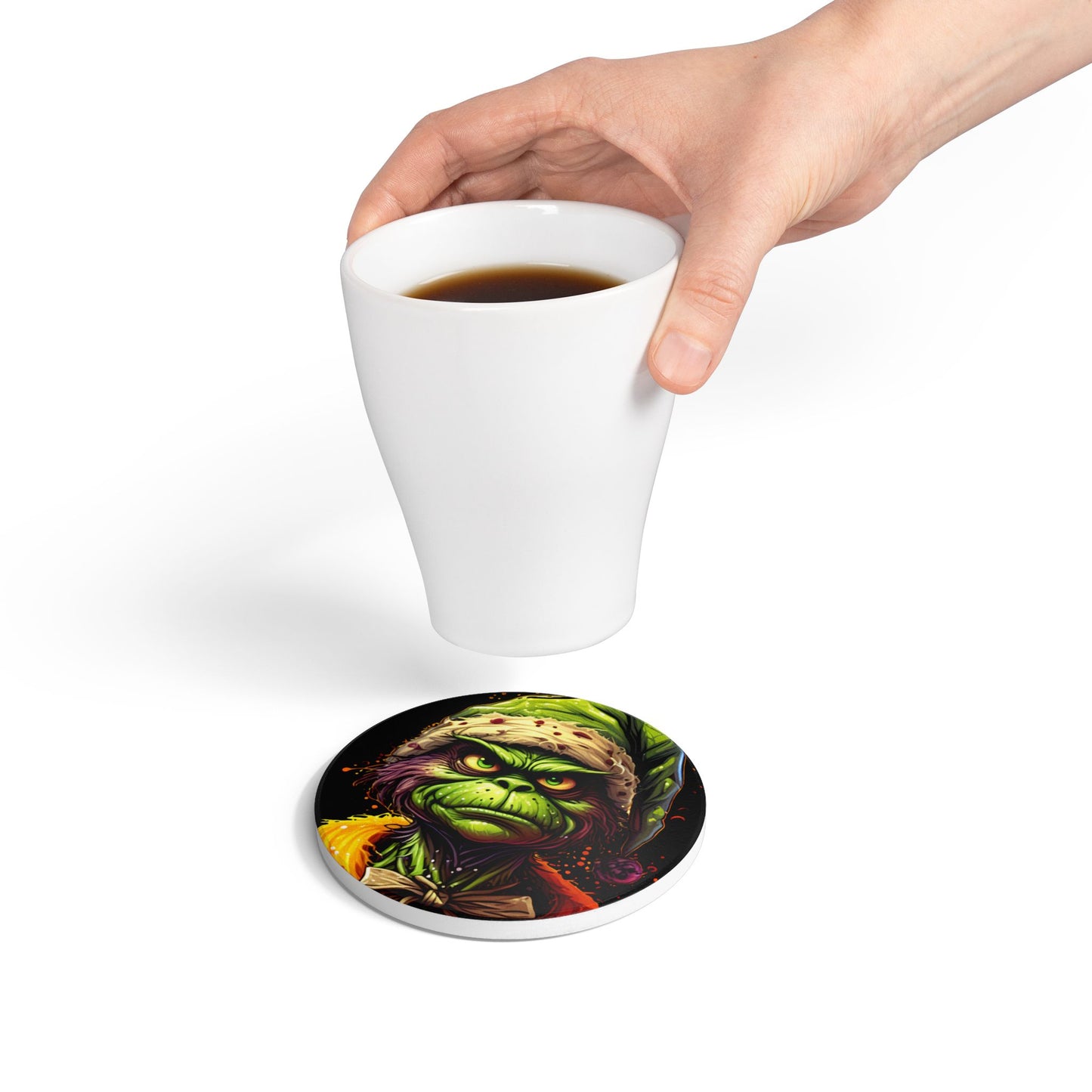 Grinch Horror Ceramic Coaster — Creepy Green Holiday Drink Mat