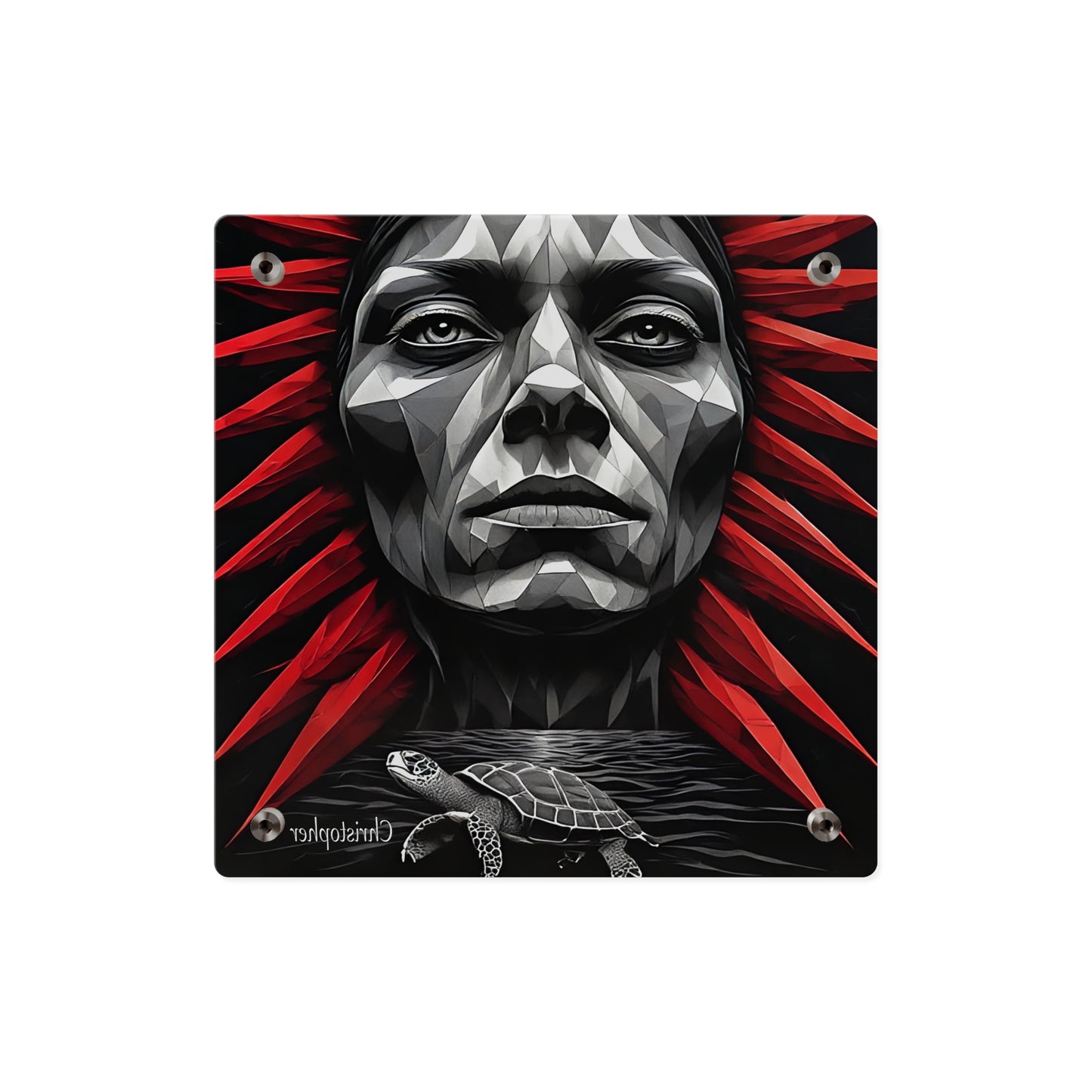 Acrylic Wall Art Panel — Geometric Tribal Face with Red Feather Headdress