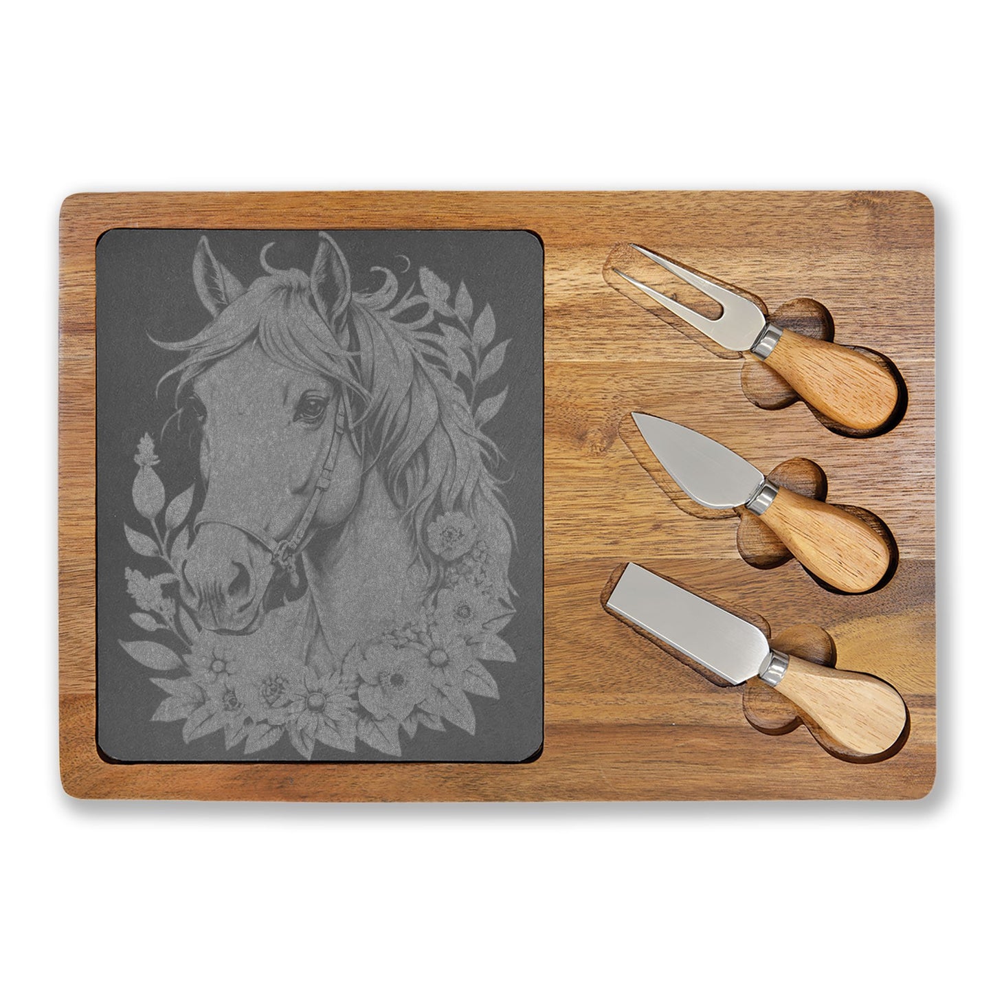 Engraved Horse Cheeseboard Set — Acacia Charcuterie Board with Slate Inlay & Cheese Tools