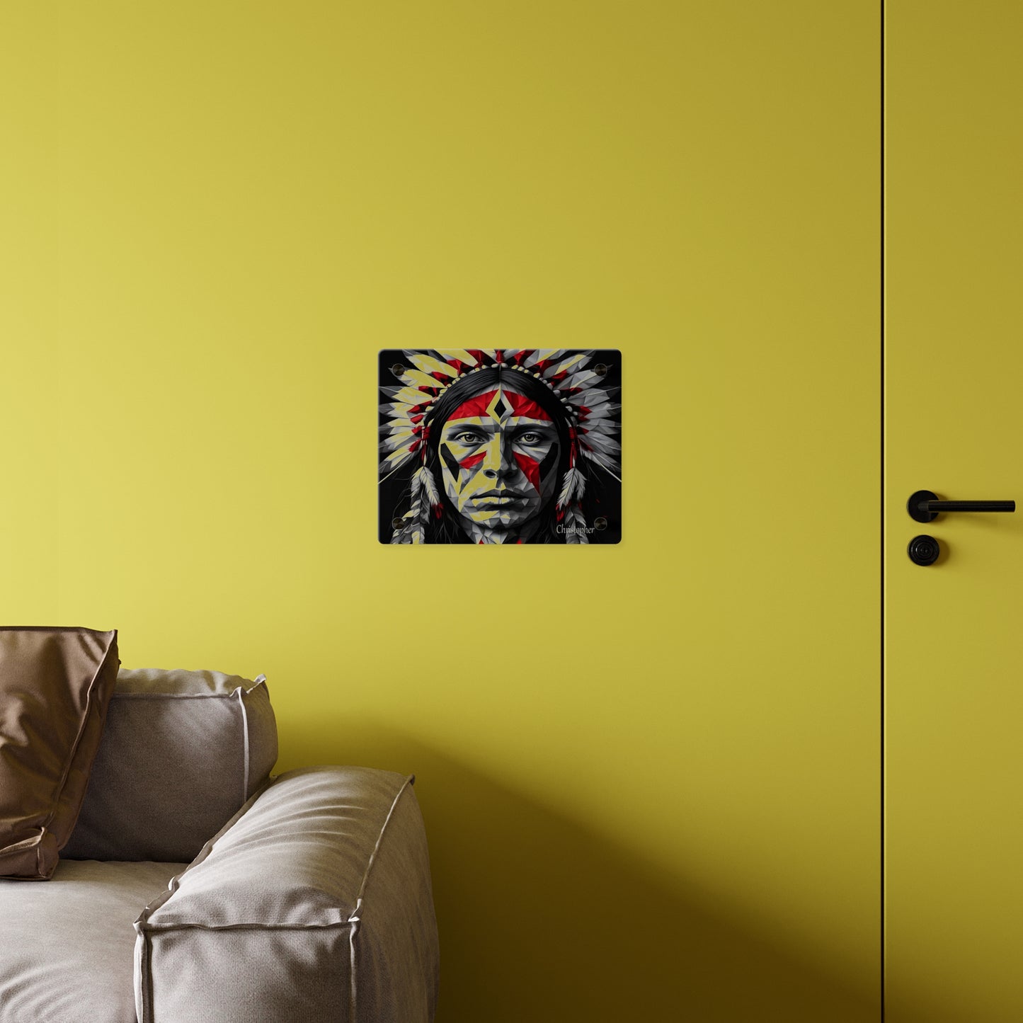 Acrylic Wall Art Panel — Geometric Indigenous Warrior Portrait (Red & Black)