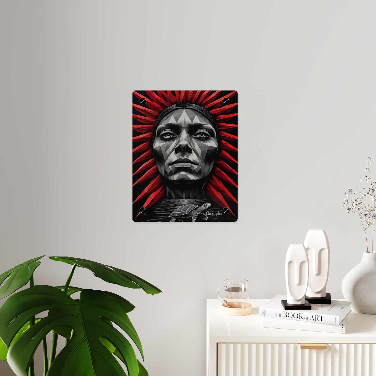 Acrylic Wall Art Panel — Geometric Tribal Face with Red Feather Headdress