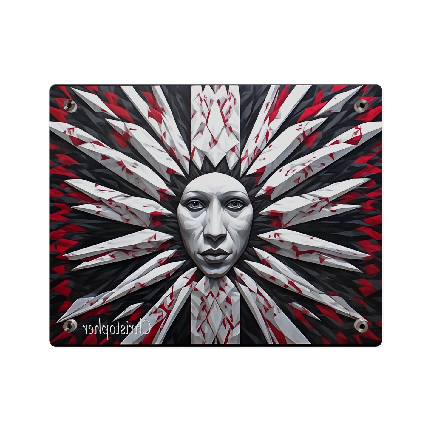 Acrylic Wall Art Panel — Surreal Sunburst Face with Red & Black Feather Design