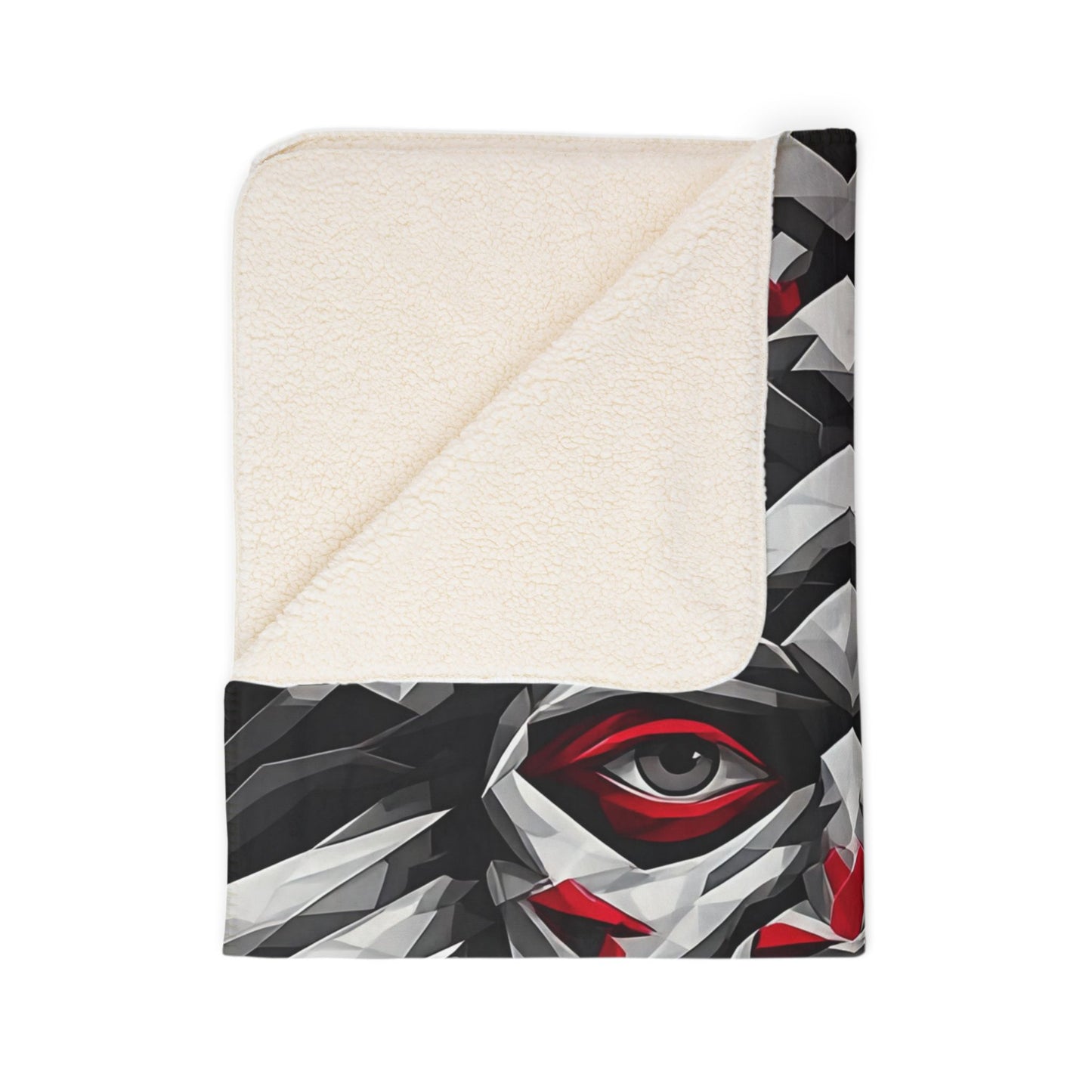 Geometric Tribal Mask Sherpa Blanket — Bold Red & Gray Abstract Face Throw