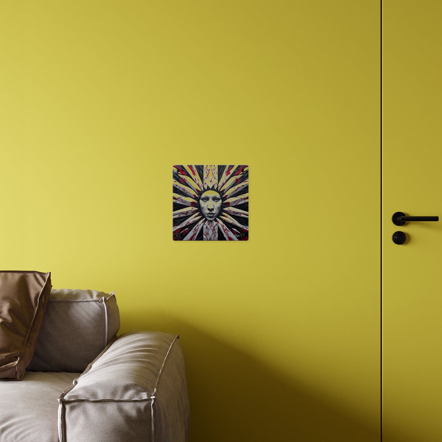Acrylic Wall Art Panel — Surreal Sunburst Face with Red & Black Feather Design