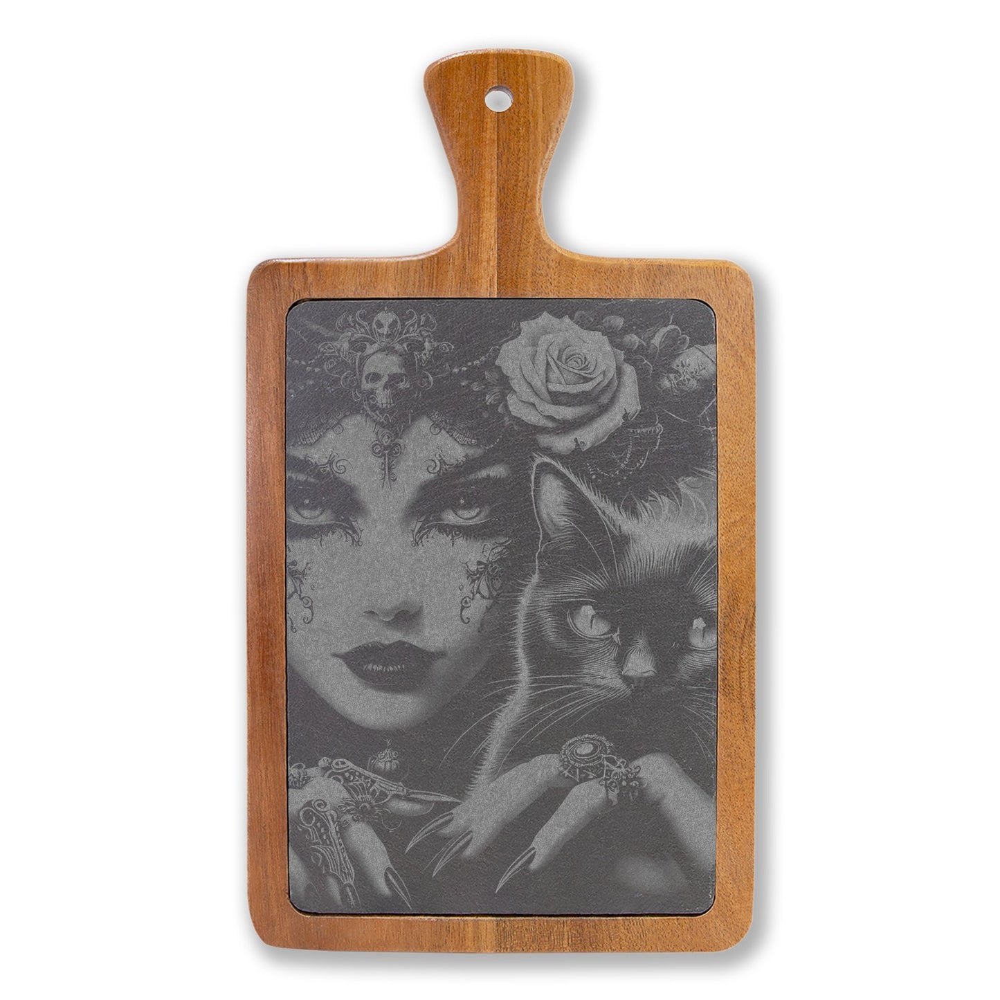 Engraved Bamboo Charcuterie Board with Gothic Woman & Cat Artwork