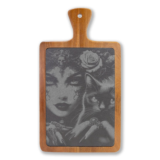 Engraved Bamboo Charcuterie Board with Gothic Woman & Cat Artwork