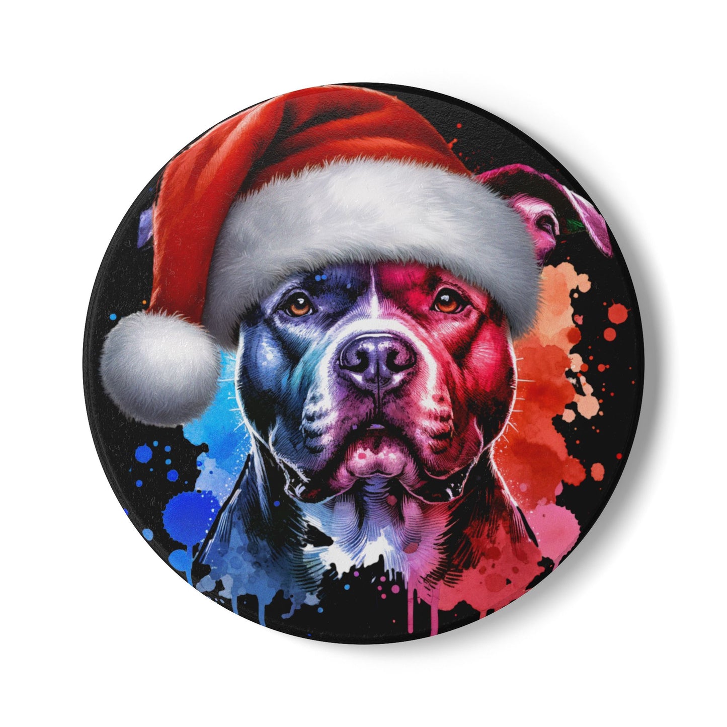 Holiday Pit Bull Ceramic Coaster — Colorful Santa Dog Drink Mat