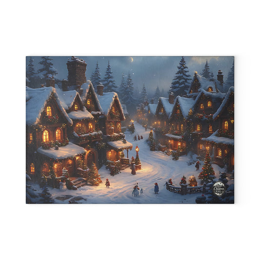 Winter Scene Glass Cutting Board | Holiday Kitchen Decor, Snowy Village Board, Christmas Gift, Cooking Accessory, Festive Home Decor