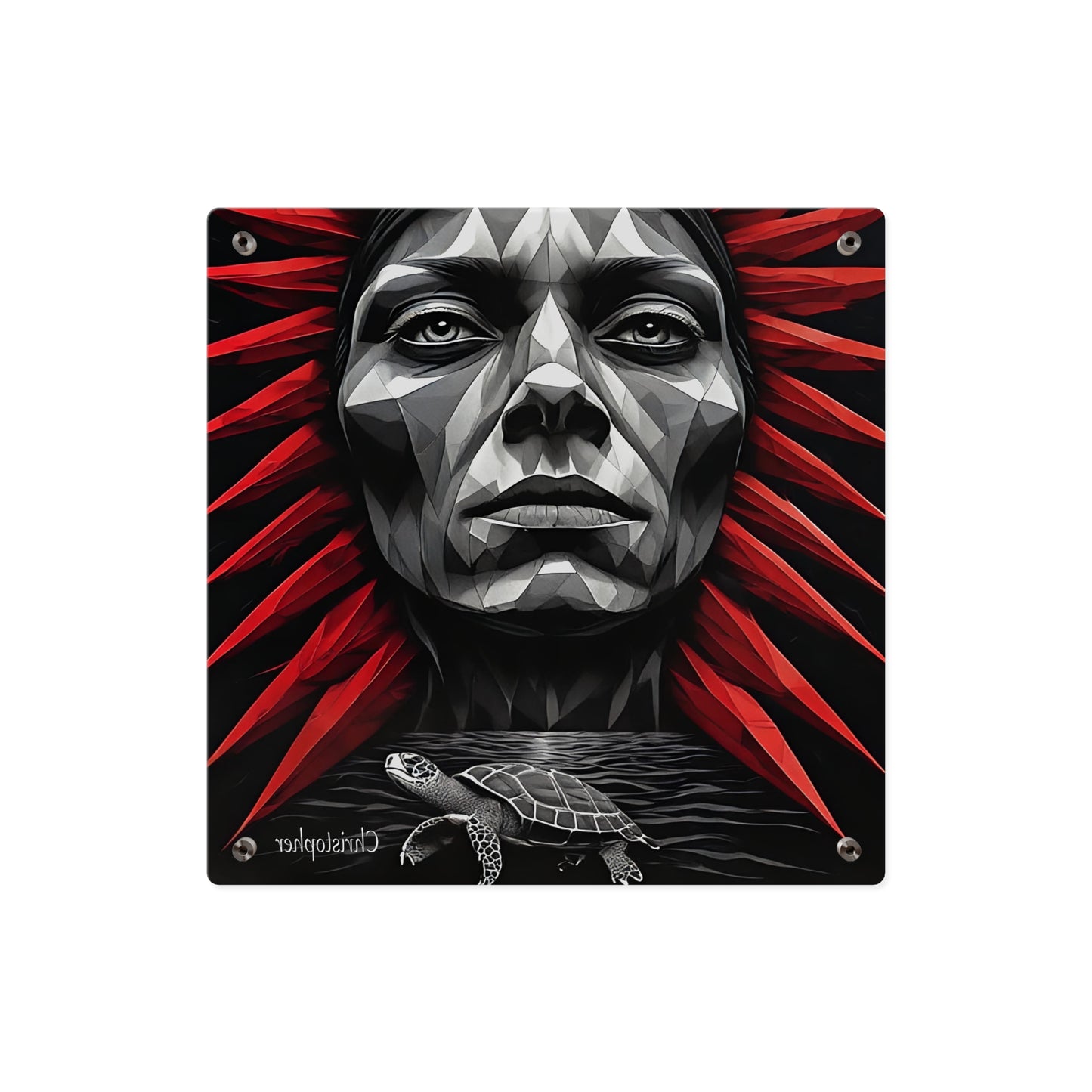 Acrylic Wall Art Panel — Geometric Tribal Face with Red Feather Headdress