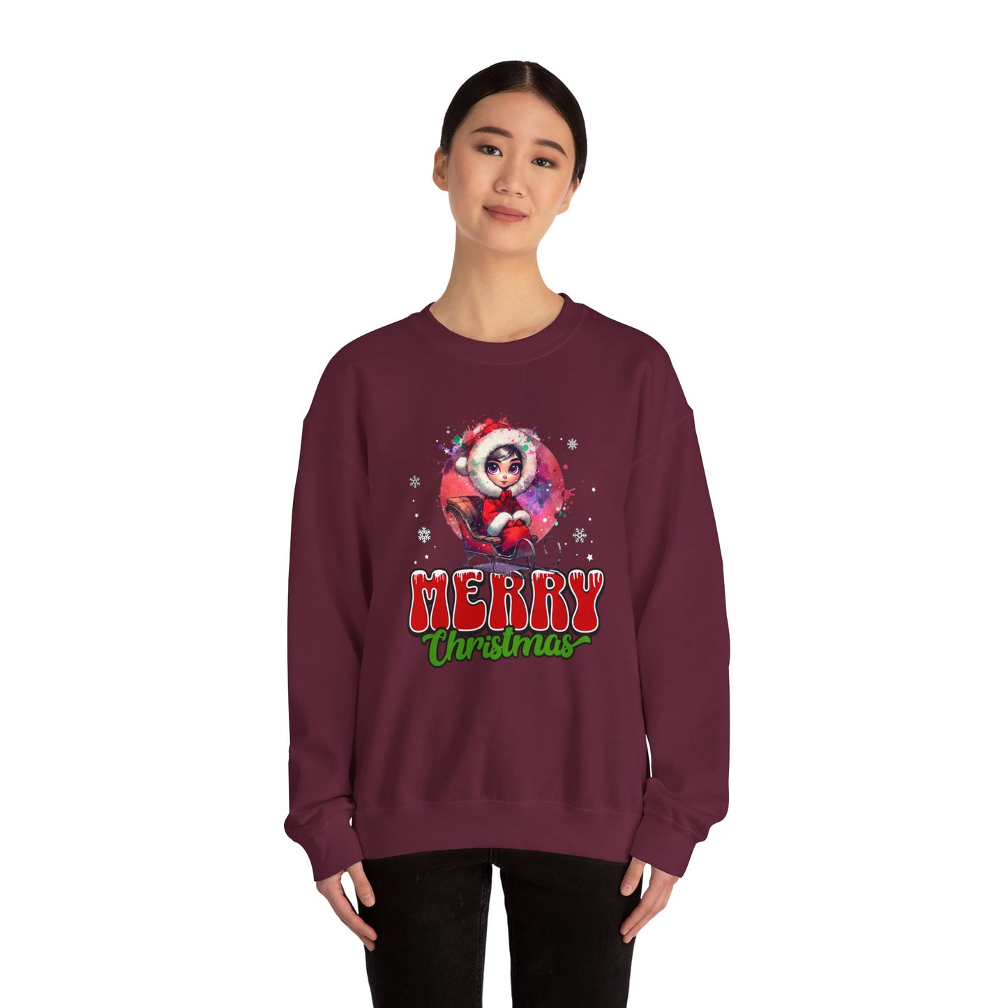 Christmas Crewneck Sweatshirt — Cute Santa Girl 'Merry Christmas' Holiday Pullover