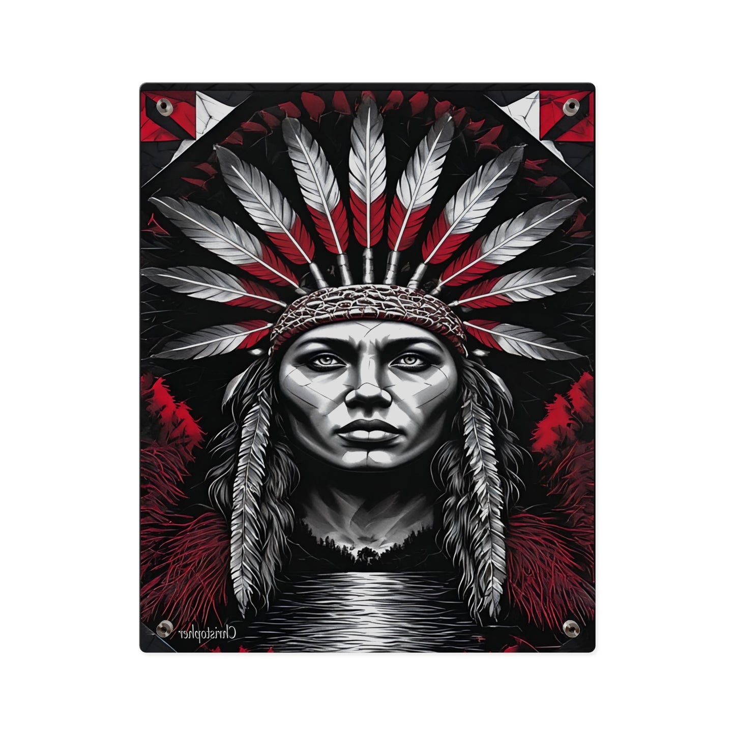 Acrylic Wall Art Panel — Bold Native Chief Portrait in Red & Black