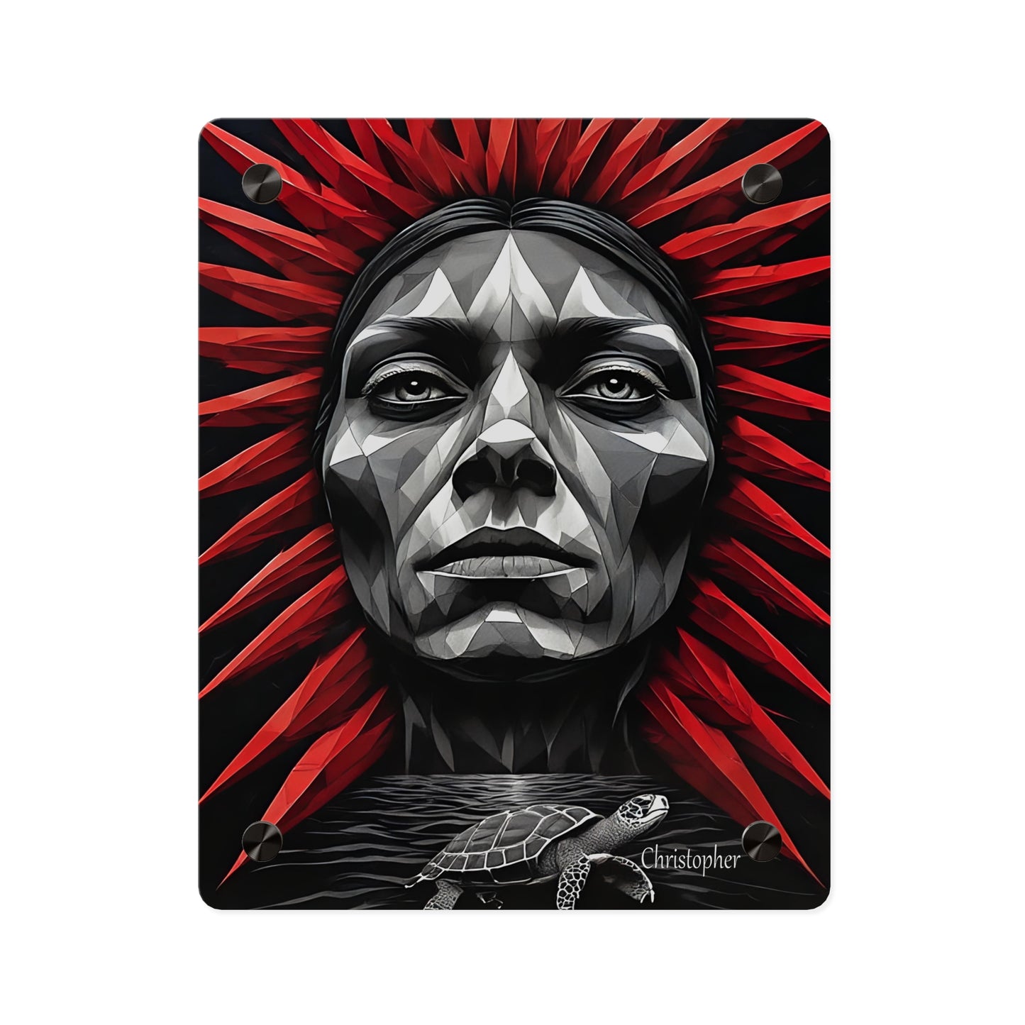 Acrylic Wall Art Panel — Geometric Tribal Face with Red Feather Headdress