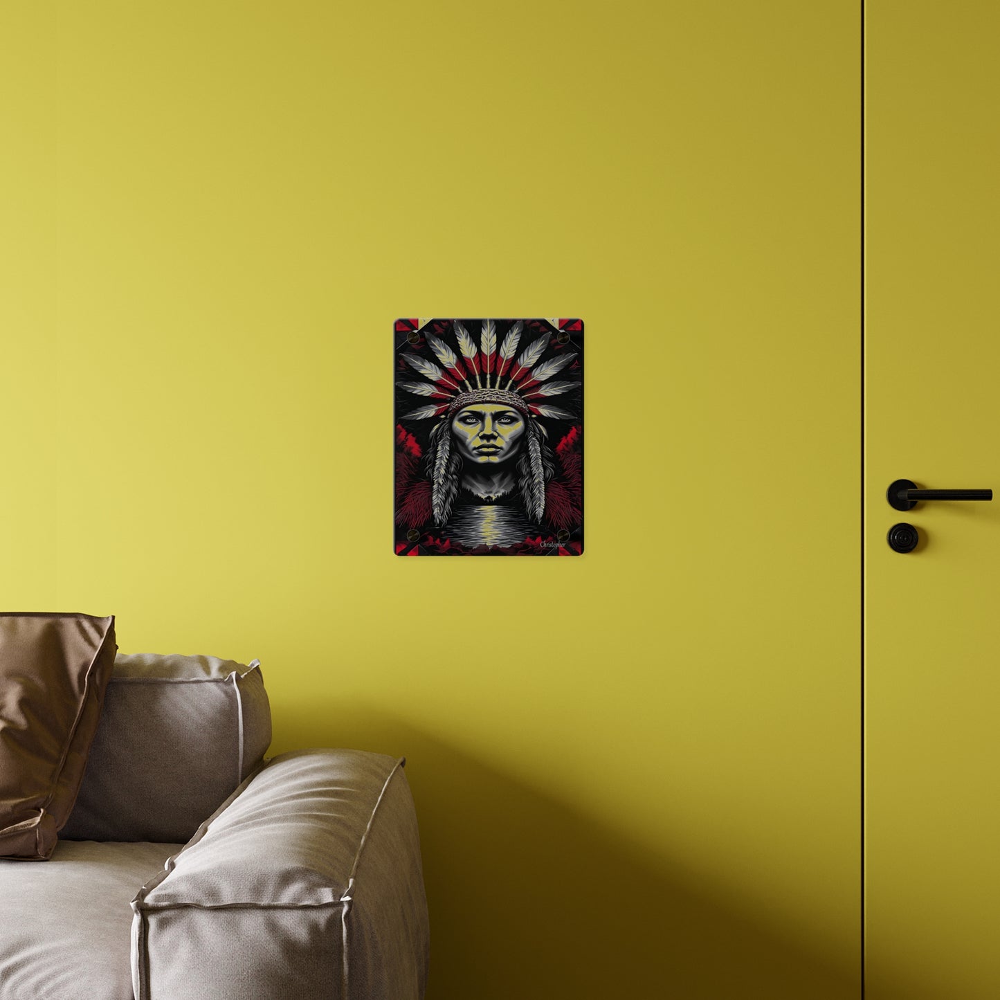 Acrylic Wall Art Panel — Bold Native Chief Portrait in Red & Black
