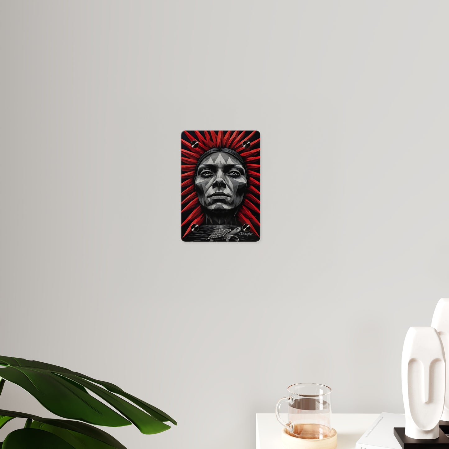 Acrylic Wall Art Panel — Geometric Tribal Face with Red Feather Headdress