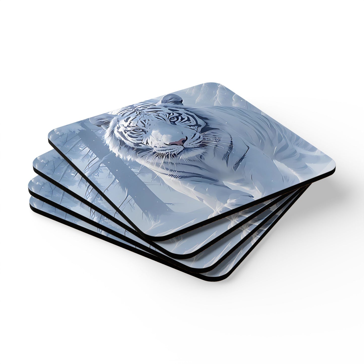 White Tiger Winter Cork Coaster Set — 4-Pack Decorative Drink Coasters