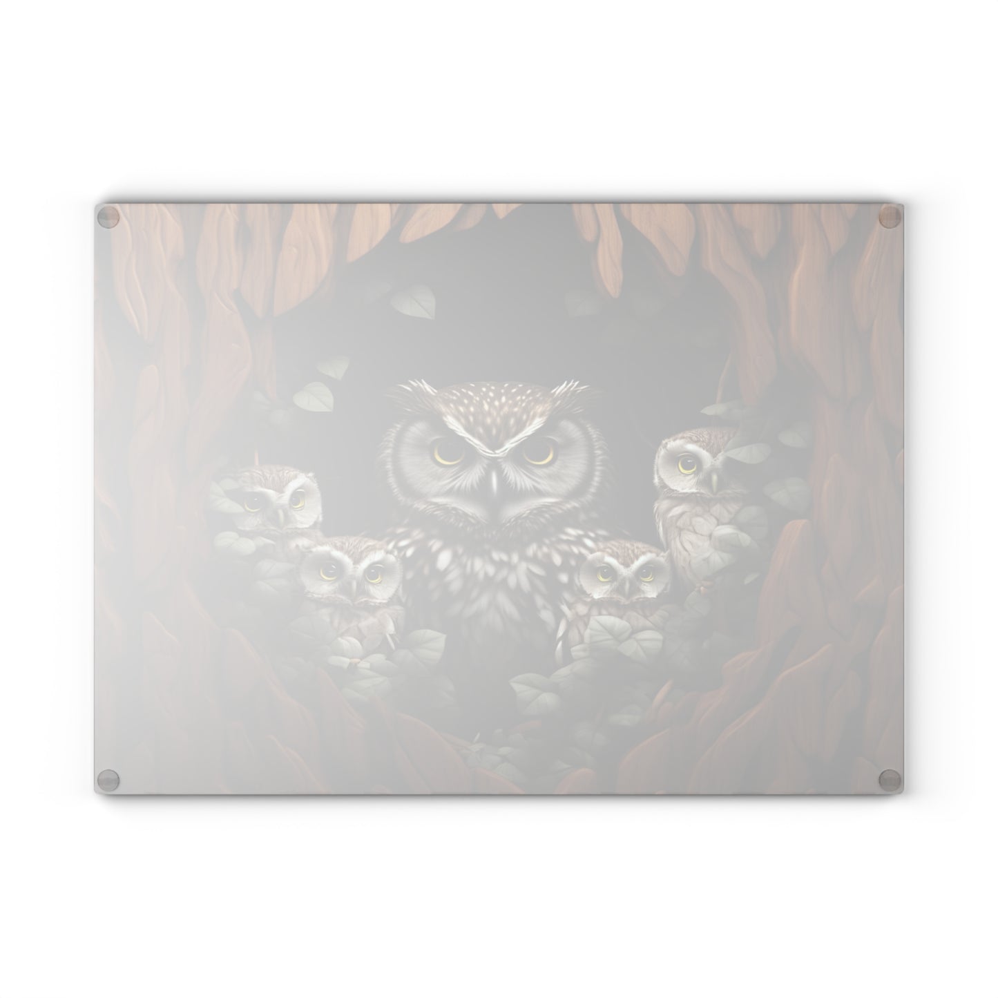 Owl Family Glass Cutting Board, Artistic Kitchen Decor, Gift for Animal Lovers, Nature-Inspired Home Accent, Unique Culinary Gift
