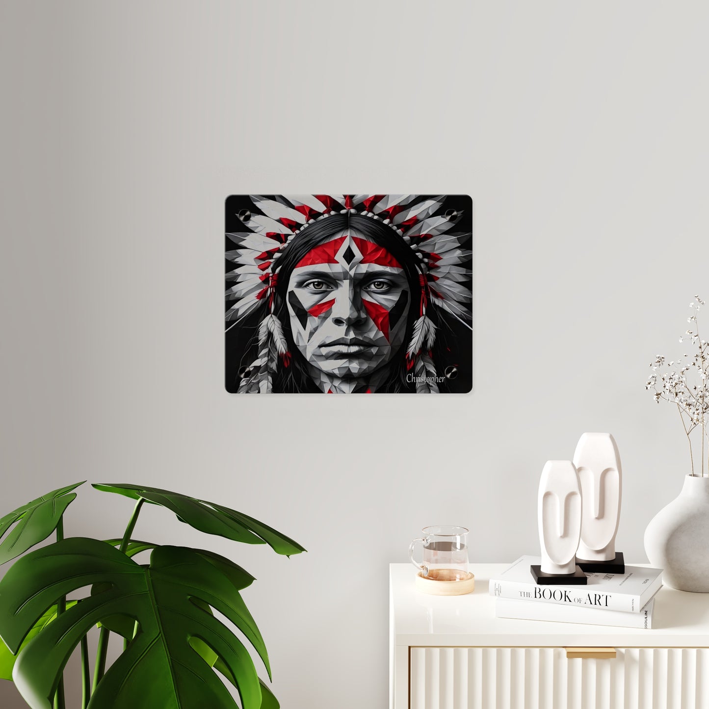 Acrylic Wall Art Panel — Geometric Indigenous Warrior Portrait (Red & Black)