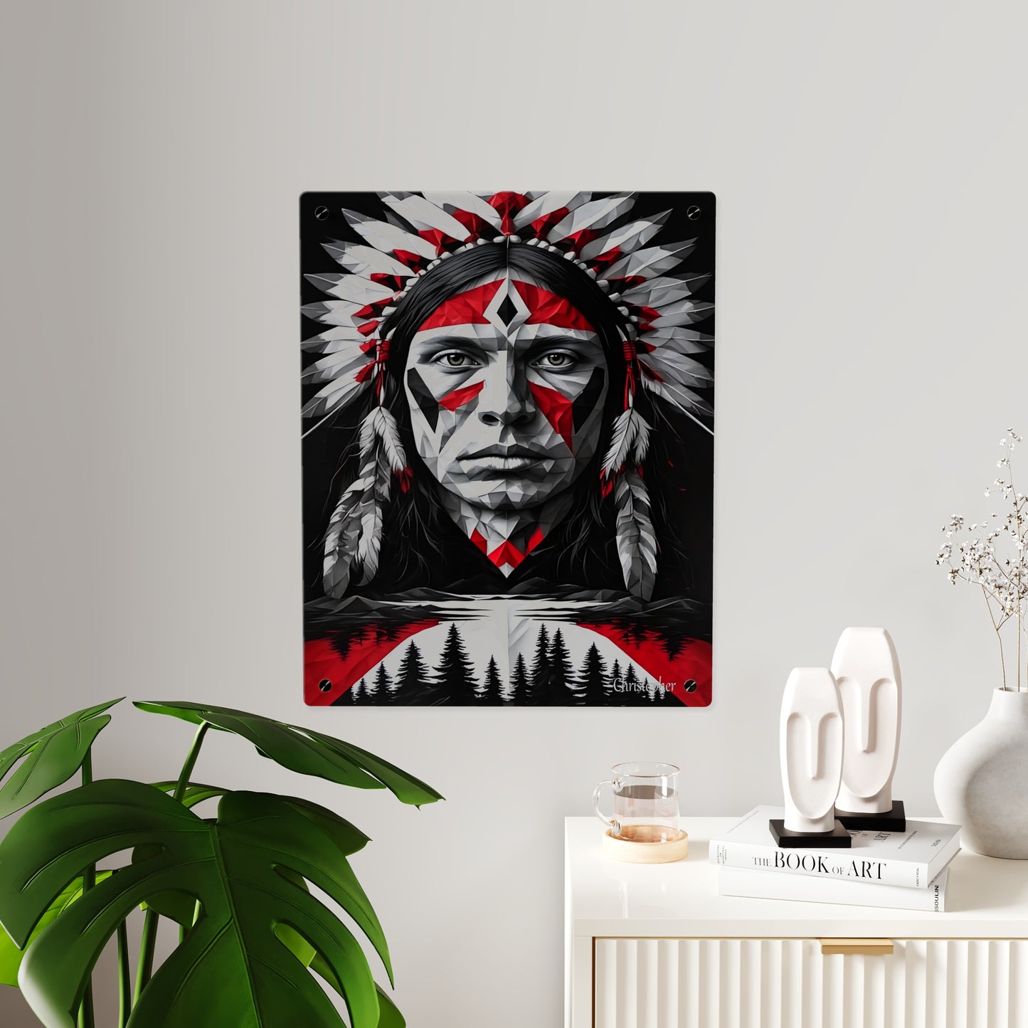 Acrylic Wall Art Panel — Geometric Indigenous Warrior Portrait (Red & Black)