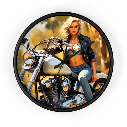 Vintage Biker Girl Wall Clock - Retro Motorcycle Decor, Gift for Bikers, Home Office Decoration, Harley Davidson Style