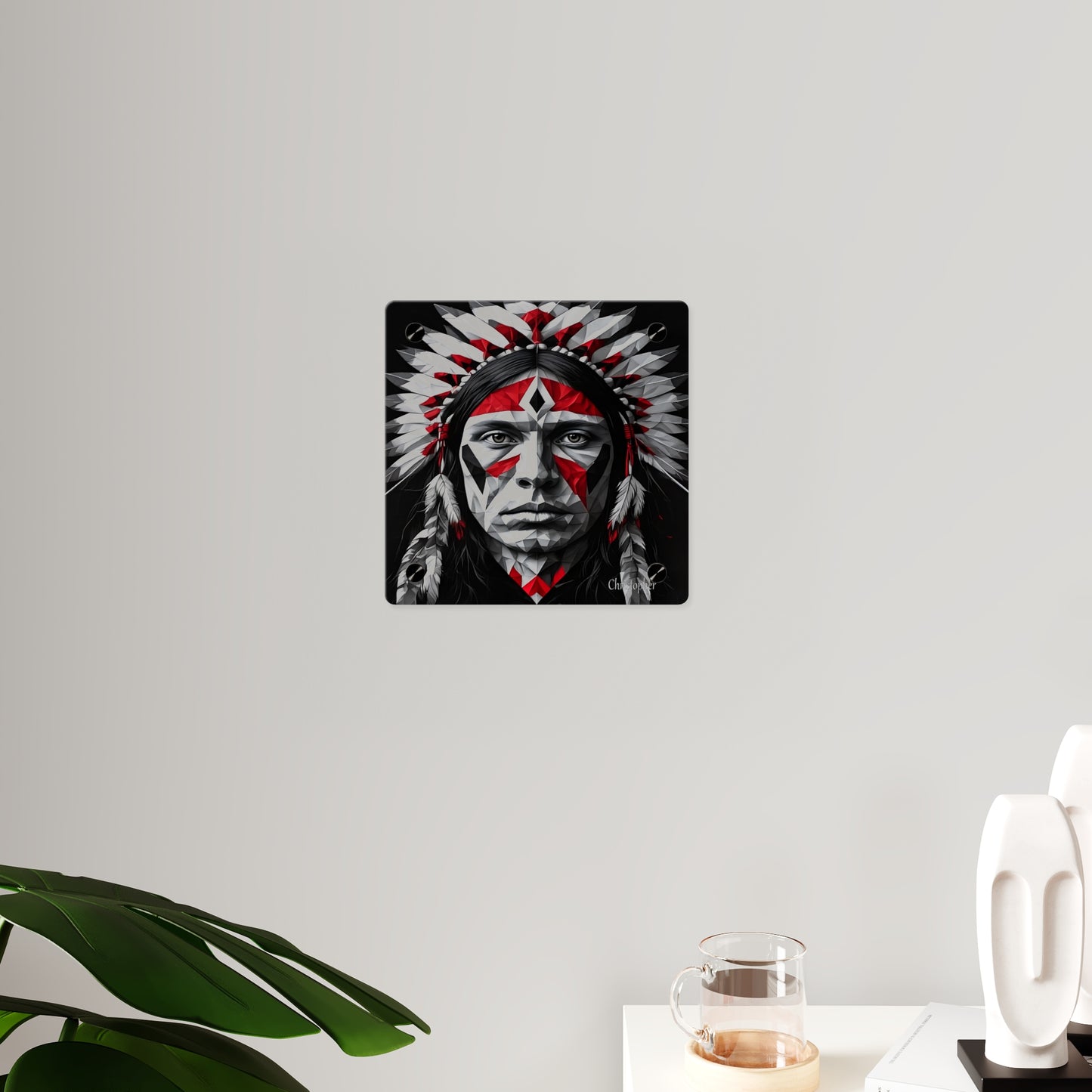Acrylic Wall Art Panel — Geometric Indigenous Warrior Portrait (Red & Black)
