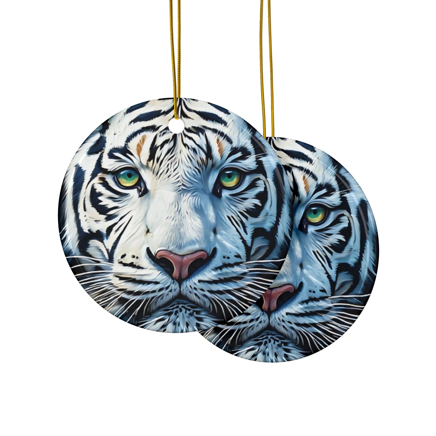 White Tiger Ceramic Ornament — Two-Sided Round Holiday Decoration