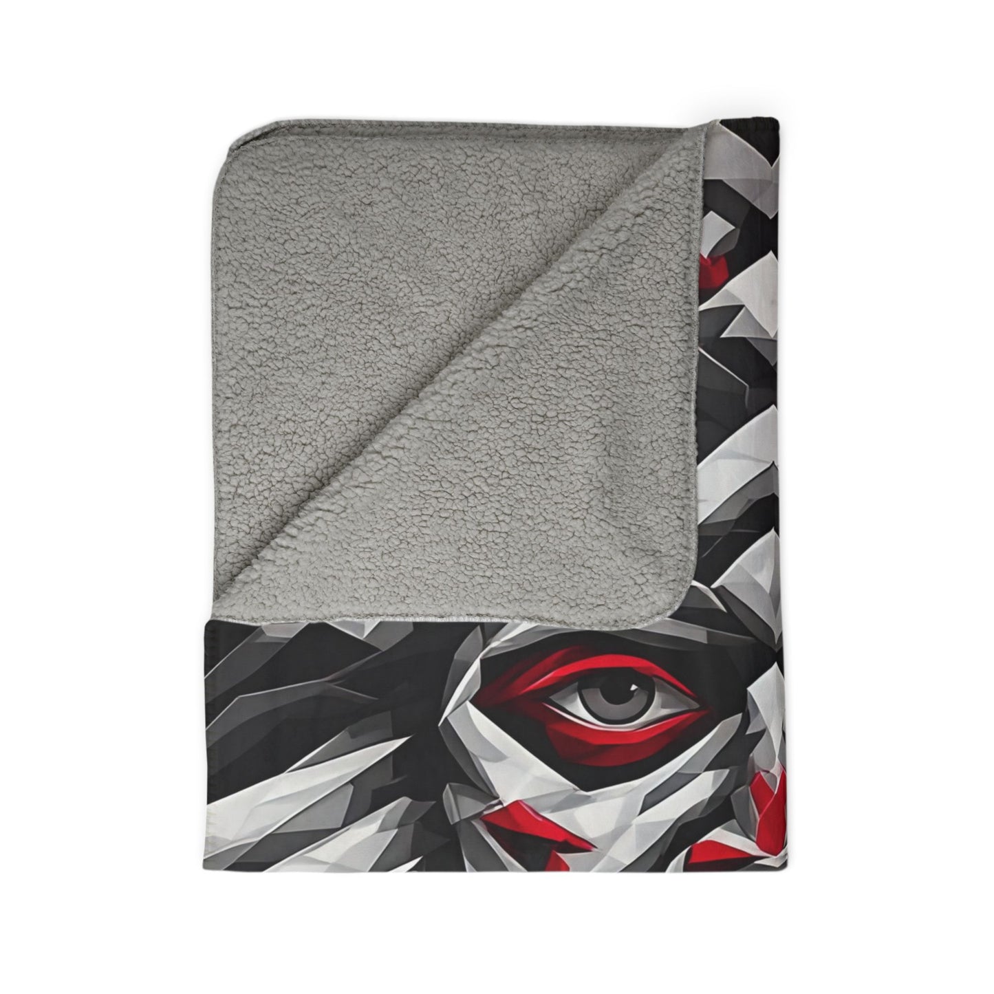 Geometric Tribal Mask Sherpa Blanket — Bold Red & Gray Abstract Face Throw