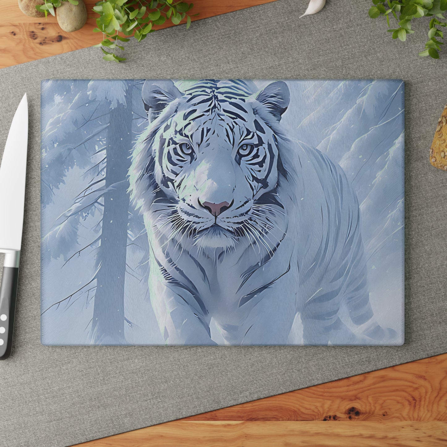 Glass Cutting Board — White Tiger Winter Scene Tempered Glass Chopping Board