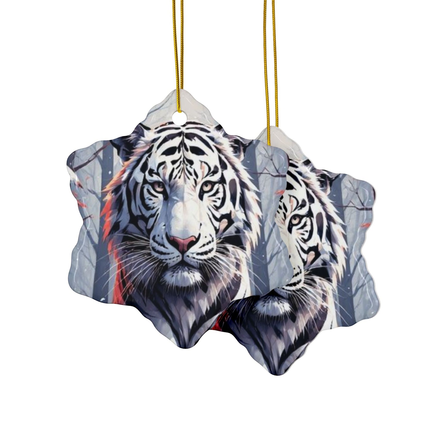 White Tiger Ceramic Ornament — Double-Sided Holiday Decoration