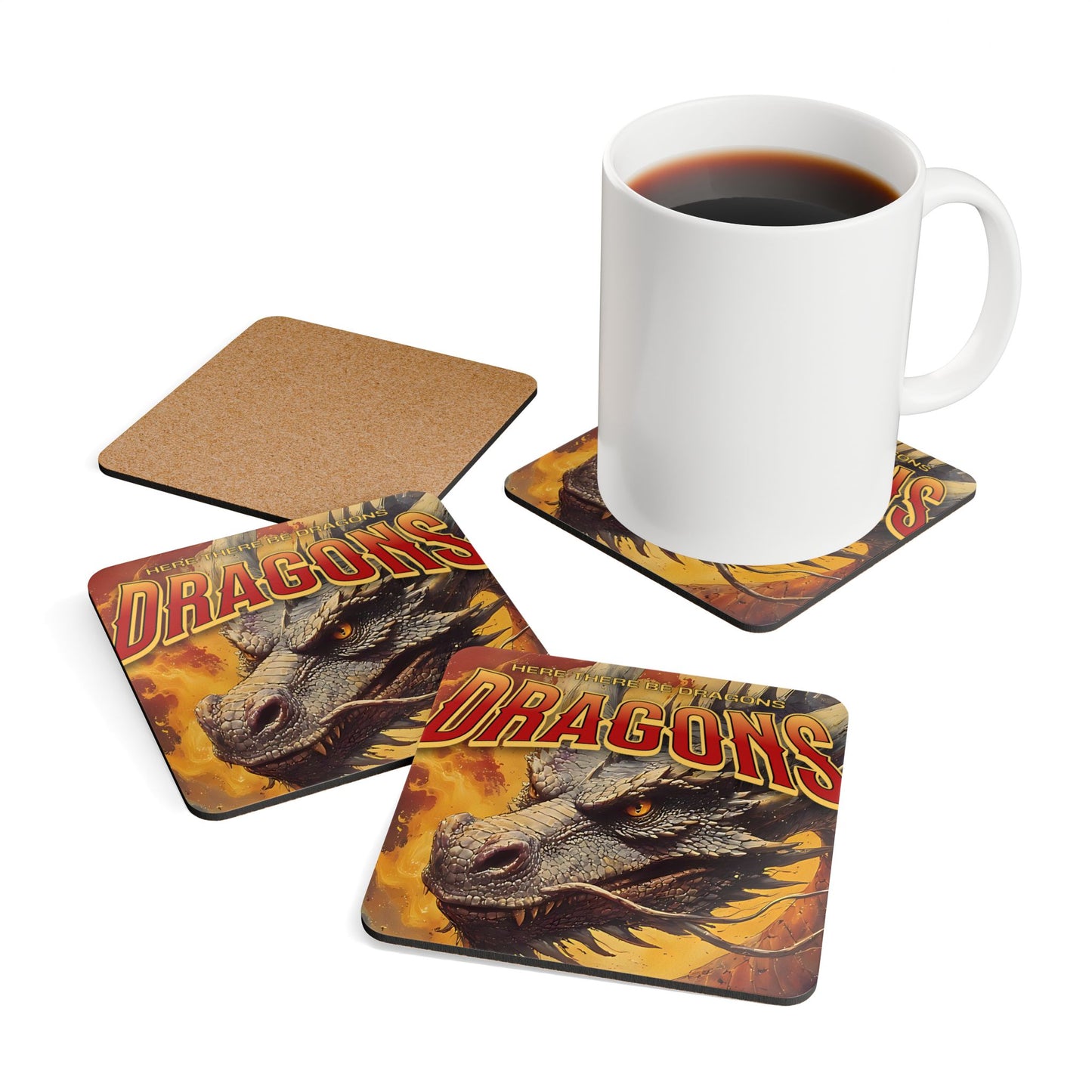 Dragon Illustration Cork Coaster Set — 'Dragons' Fantasy Art Drink Coasters