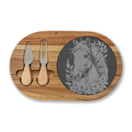 Engraved Horse Cheeseboard Set — Acacia Charcuterie Board with Slate Inlay & Cheese Tools
