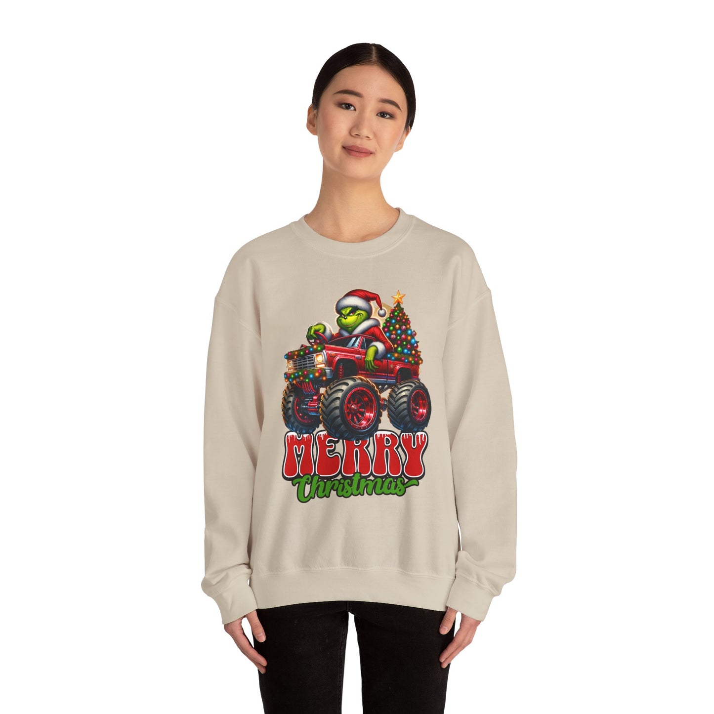 Christmas Monster Truck Sweatshirt — 'Merry Christmas' Grinch Driver Design