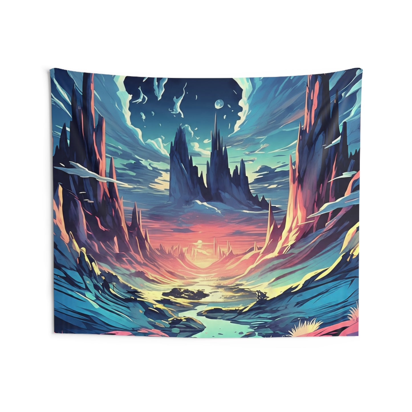 Fantasy Landscape Tapestry — Vibrant Sunset Alien World Wall Art