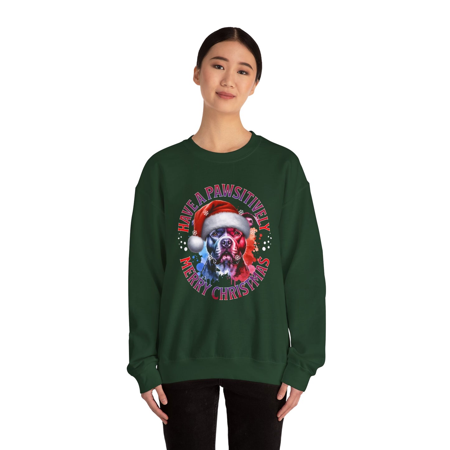 Crewneck Pit Bull Sweatshirt - "Have a Pawsitively Merry Christmas" Dog Santa Holiday Sweatshirt