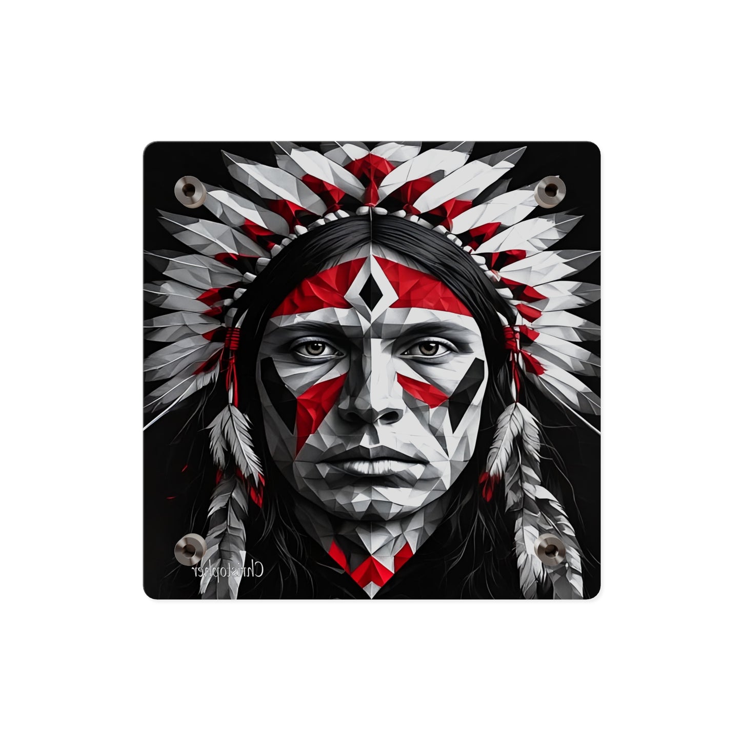 Acrylic Wall Art Panel — Geometric Indigenous Warrior Portrait (Red & Black)