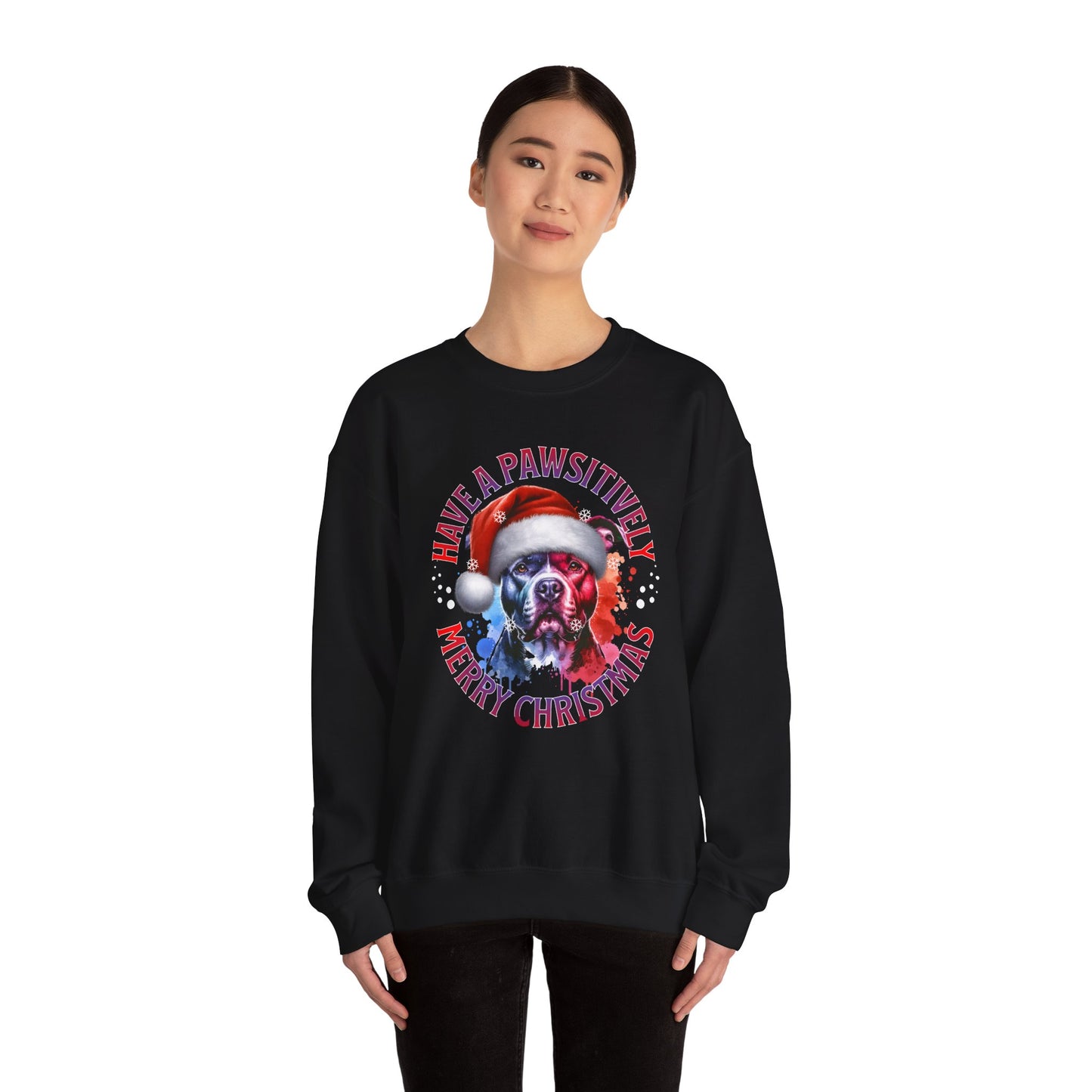 Crewneck Pit Bull Sweatshirt - "Have a Pawsitively Merry Christmas" Dog Santa Holiday Sweatshirt