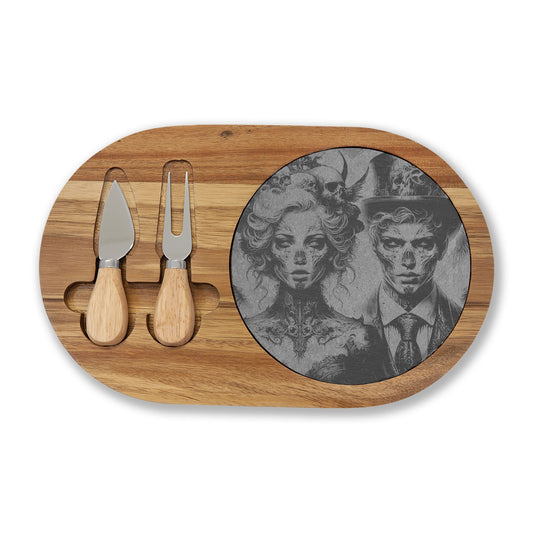 Engraved Acacia Charcuterie Board with Gothic Couple Design
