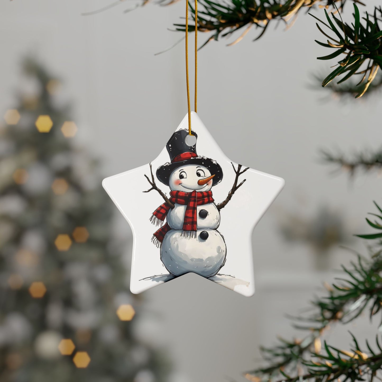 Snowman Ceramic Ornament — Cute 2-Sided Christmas Tree Decoration