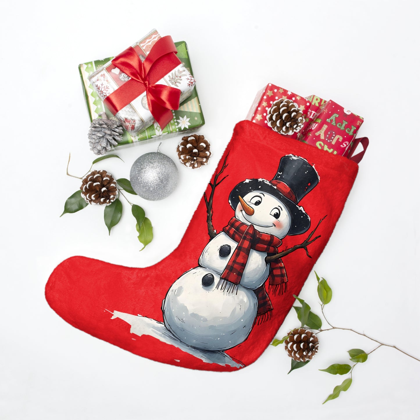 Snowman Christmas Stocking – Red Holiday Stocking with Top Hat & Scarf