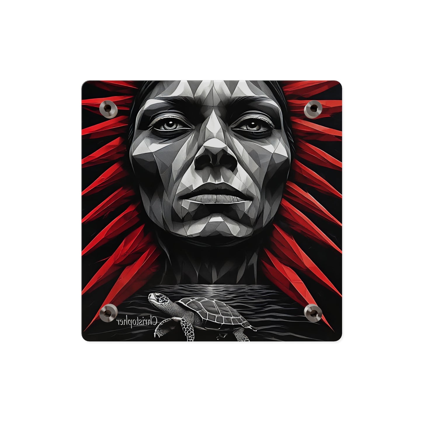 Acrylic Wall Art Panel — Geometric Tribal Face with Red Feather Headdress
