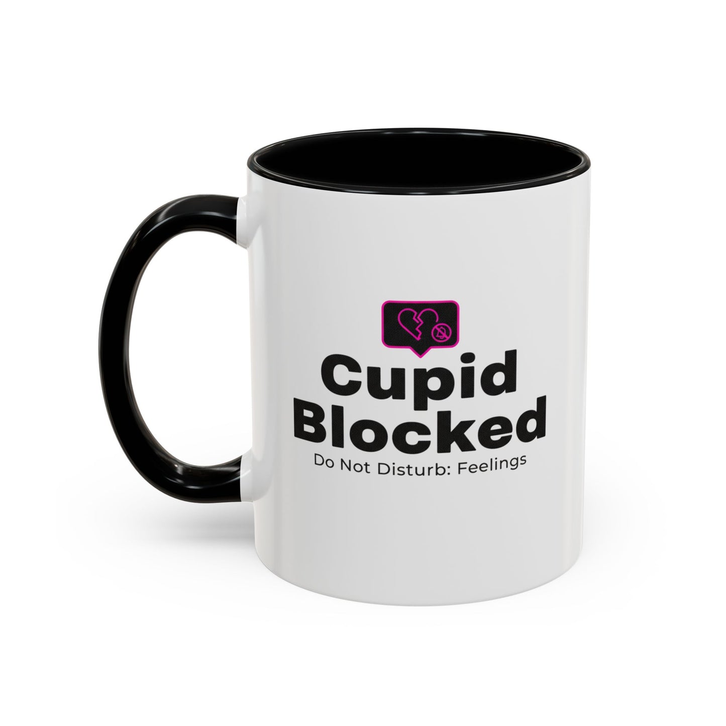 Cupid Blocked Accent Coffee Mug — 'Do Not Disturb: Feelings' Funny Anti-Valentine Gift