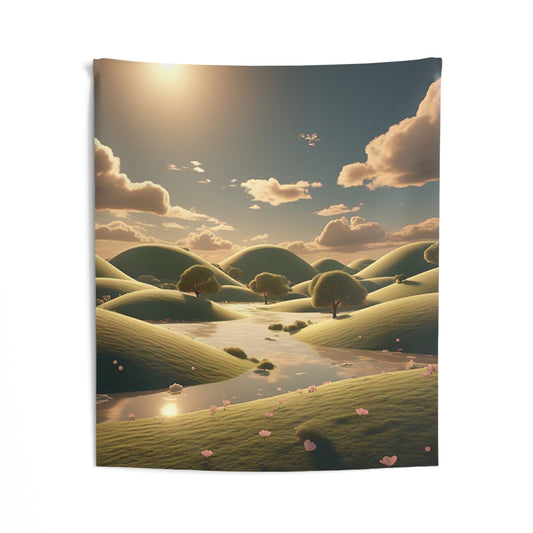 Scenic Hillside Tapestry — Serene Sunset Landscape Wall Art