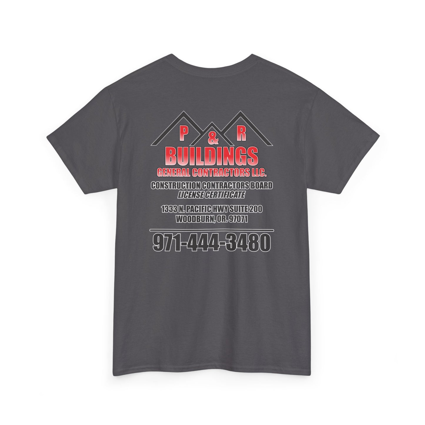 P&R BUILDINGS Logo Tee — Built Kings Contractor T‑Shirt (Phone & License Info on Back)