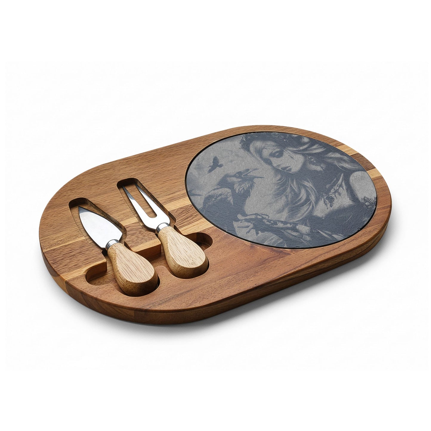 Engraved Charcuterie Board with Stone Inlay — Gothic Woman & Raven Serving Set