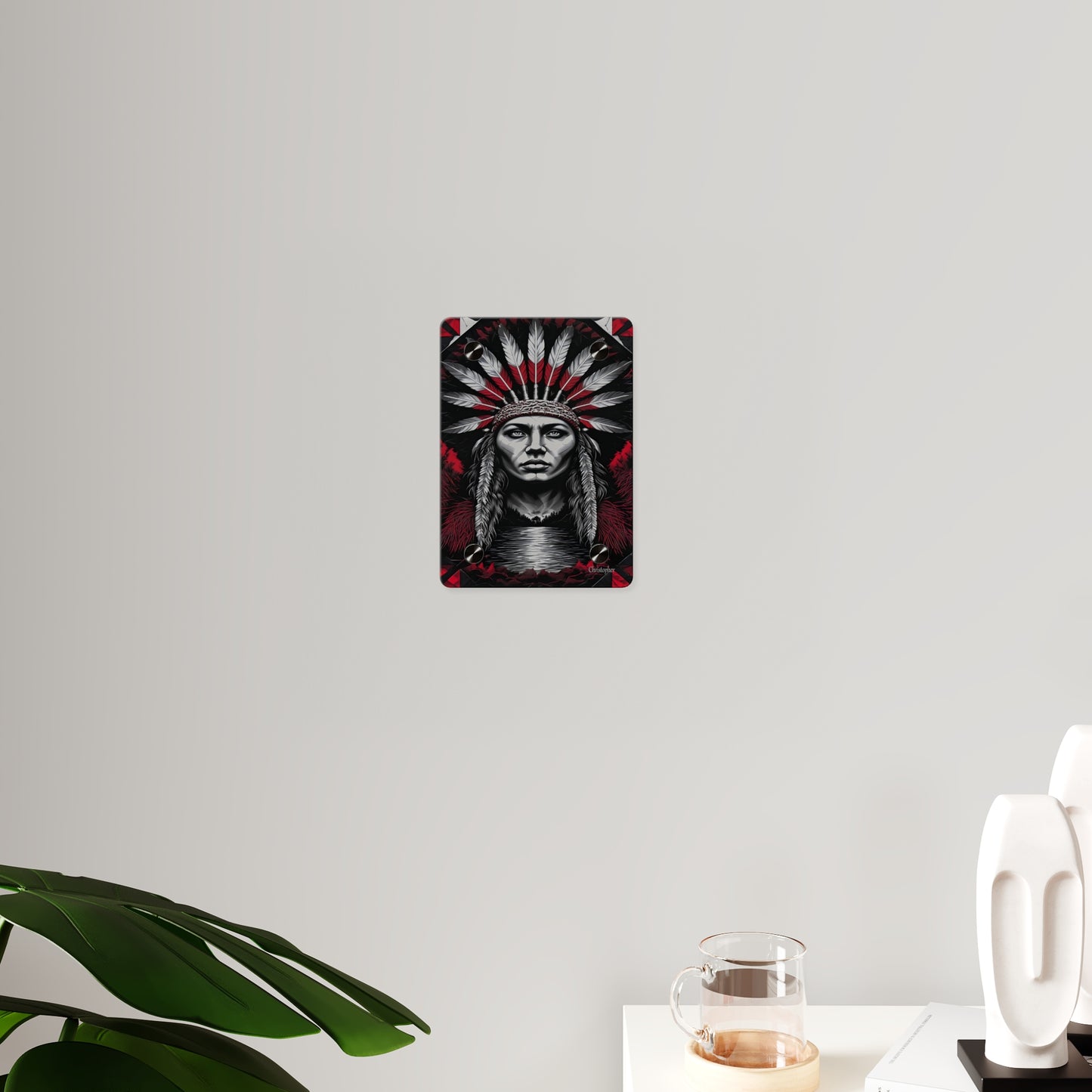 Acrylic Wall Art Panel — Bold Native Chief Portrait in Red & Black
