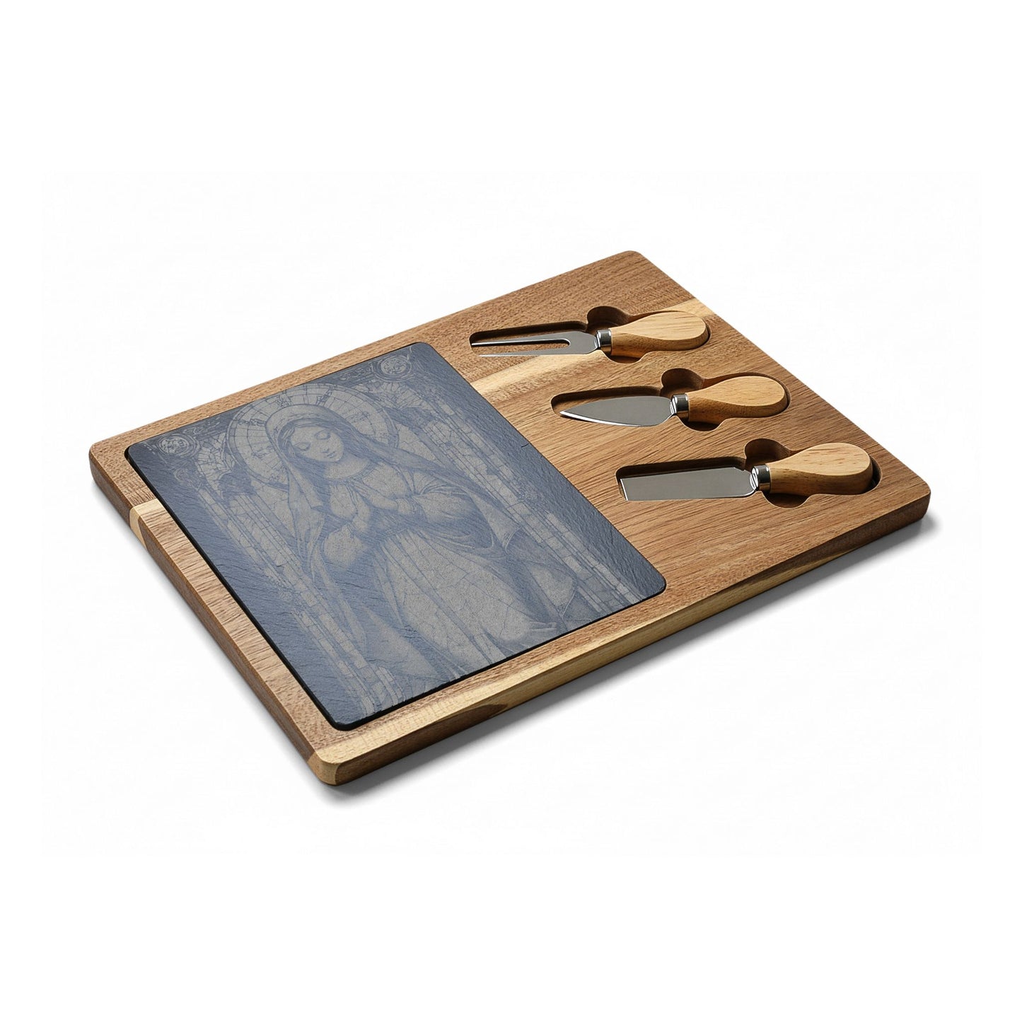 Engraved Virgin Mary Charcuterie Board with Marble Inlay — Religious Cheese Serving Set