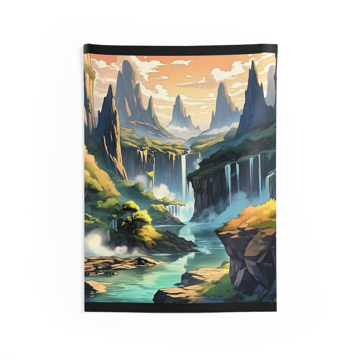 Scenic Fantasy Landscape Tapestry — Waterfall Valley Wall Hanging