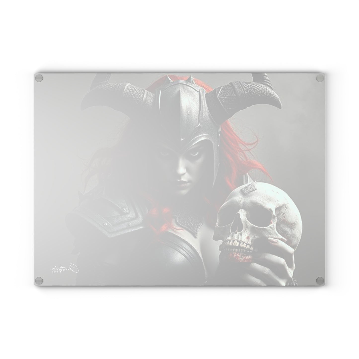 Gothic Glass Cutting Board - Dark Fantasy Design with Skull and Warrior