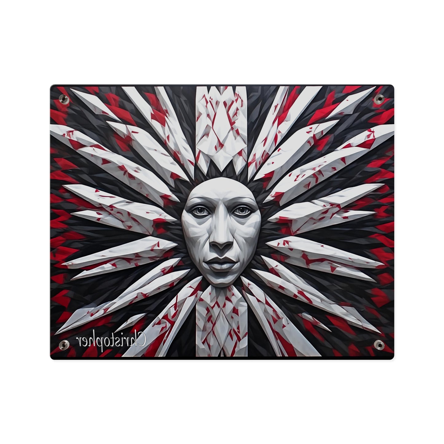 Acrylic Wall Art Panel — Surreal Sunburst Face with Red & Black Feather Design